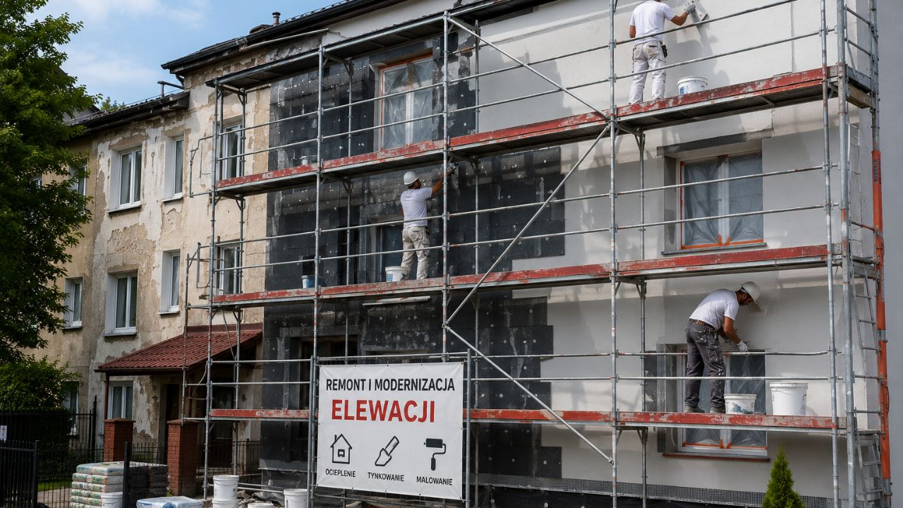 Rusztowanie wykorzystywane podczas remontu i modernizacji elewacji budynku.