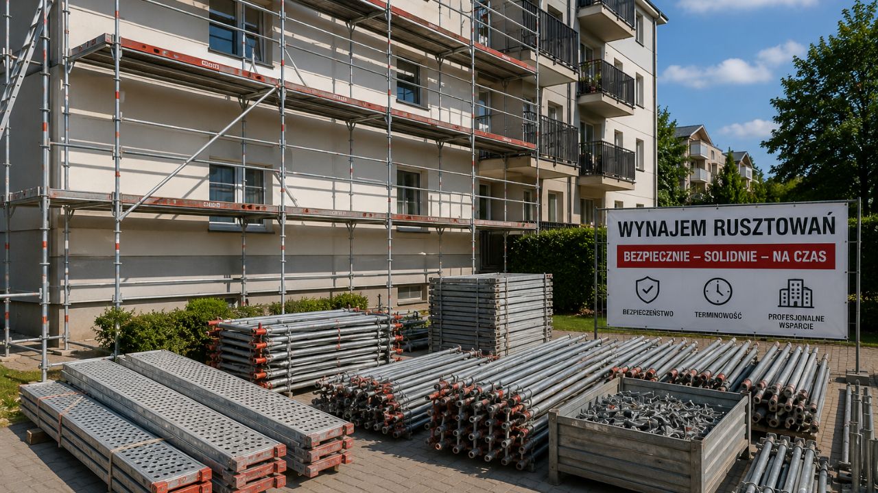 Zestaw rusztowań przygotowany do prac elewacyjnych przy budynku mieszkalnym.