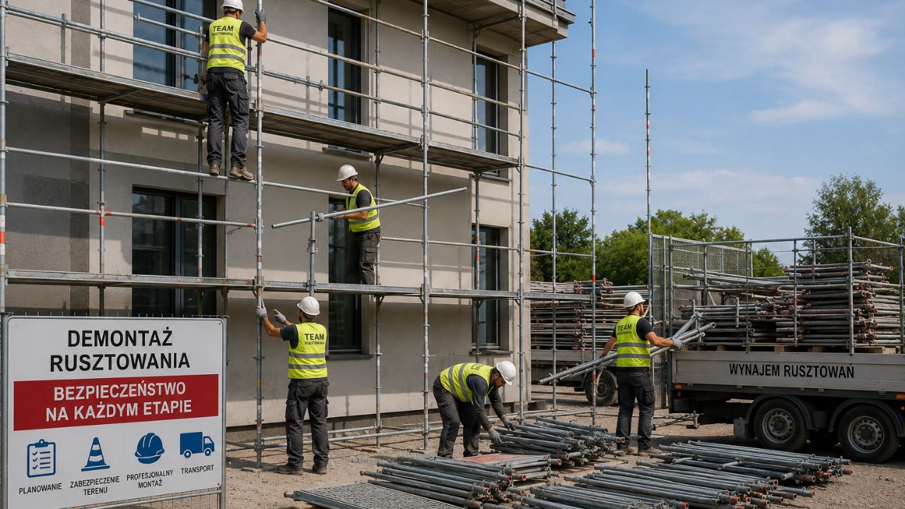 Demontaż rusztowania po zakończeniu prac budowlanych.