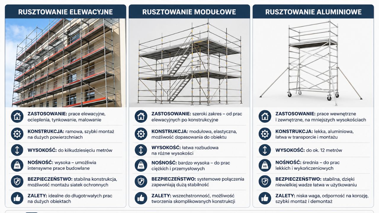Porównanie trzech typów rusztowań – elewacyjnego, modułowego i aluminiowego z podpisanymi najważniejszymi cechami.
