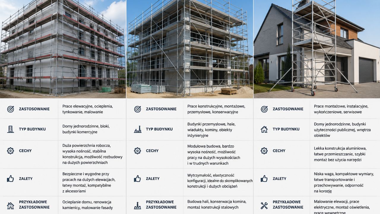 Porównanie rusztowania elewacyjnego, modułowego i aluminiowego przy różnych typach budynków.