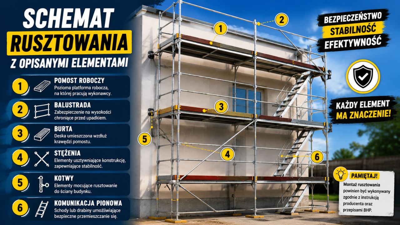 Schemat rusztowania z opisanymi elementami: pomost roboczy, balustrada, burta, stężenia, kotwy oraz komunikacja pionowa.