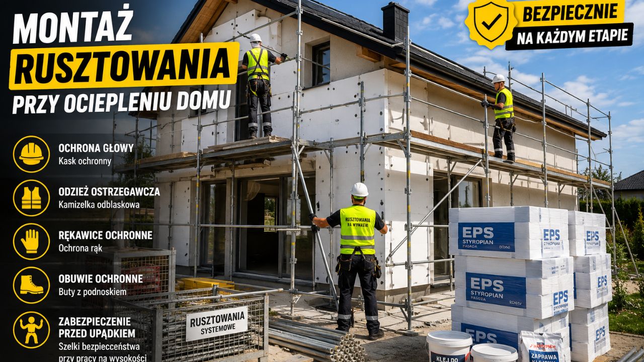 Ekipa montująca rusztowanie elewacyjne przy domu jednorodzinnym z widocznymi zabezpieczeniami BHP oraz przygotowanymi materiałami do ocieplenia.