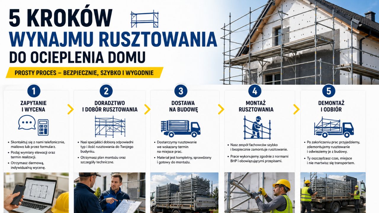 Infografika przedstawiająca pięć kroków wynajmu rusztowania do ocieplenia domu.