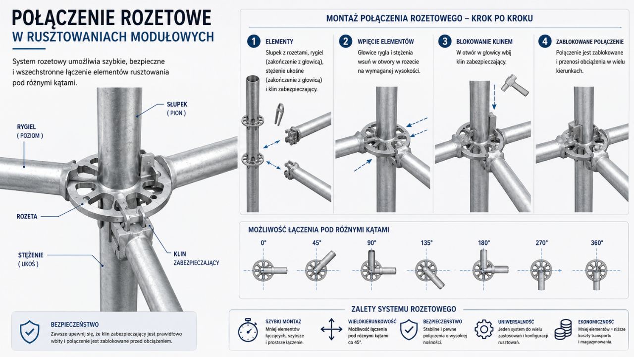  Schemat techniczny połączenia rozetowego w rusztowaniach modułowych]