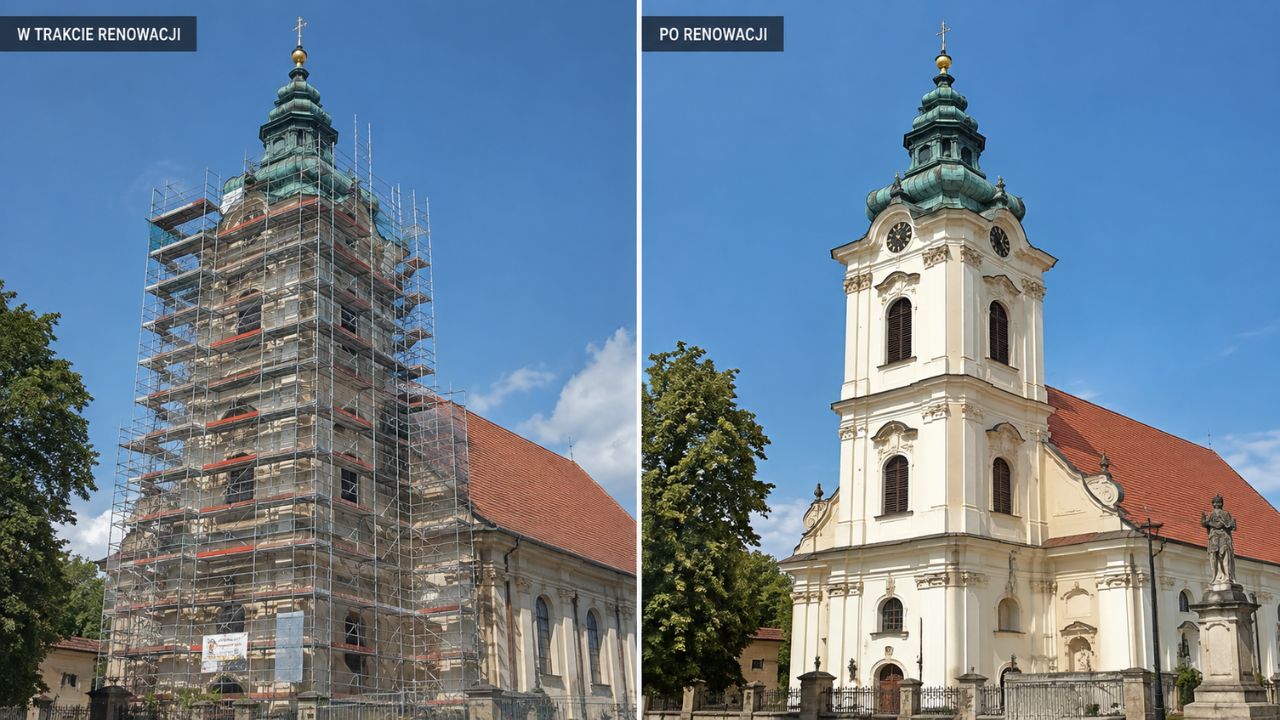 Zdjęcie ukończonej renowacji wieży kościoła, przy której pracowało rusztowanie modułowe