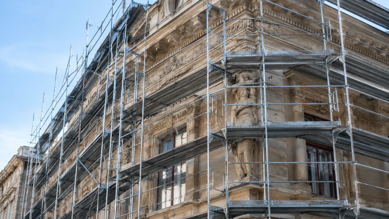 Zdjęcie przedstawiające zabytkową kamienicę w rusztowaniach modułowych otaczających rzeźbione gzyms