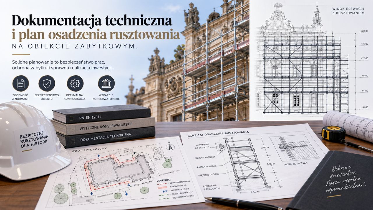 Dokumentacja techniczna i plan osadzenia rusztowania na obiekcie zabytkowym.
