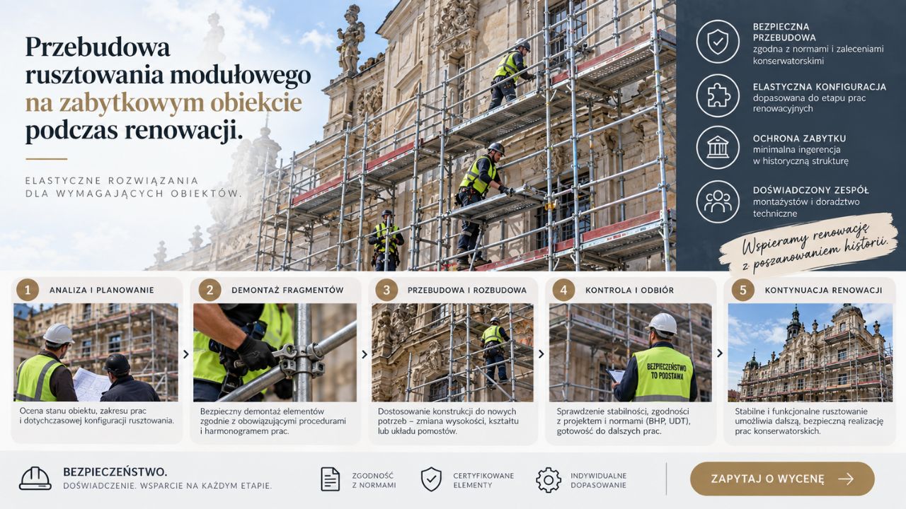 Przebudowa rusztowania modułowego na zabytkowym obiekcie podczas renowacji.